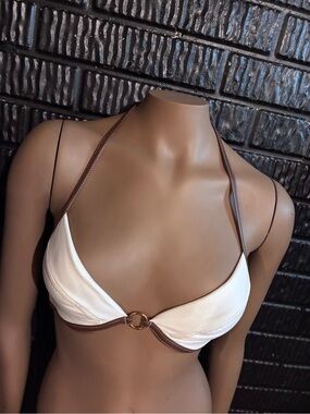 Victoria's Secret Cream and Brown Halter Bikini Top with Gold Ring Accent